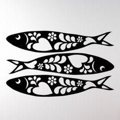 two fish with flowers and hearts on them are drawn in black ink against a white background