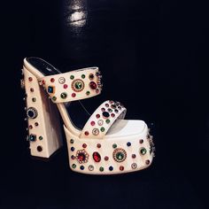 New One Was 150$ Selling For 65$ Trendy Embellished Heels With Round Toe, Trendy Embellished Block Heels, White Almond Toe Party Sandals, Glamorous Multicolor Platform Heels, Chic Embellished Round Toe Heels, Chic Embellished Heels With Round Toe, Chic White Heels With Rhinestones, Glamorous White Leather Heels, Spring Leather Heels With Rhinestones