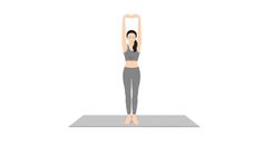 a woman standing on a yoga mat with her arms up in the air and holding a mirror above her head