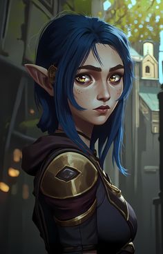 a woman with blue hair and an elf outfit in front of a cityscape