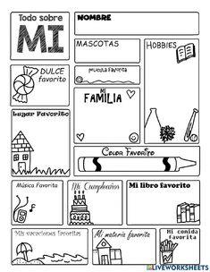 a black and white drawing of different things on the webpage, with words in spanish