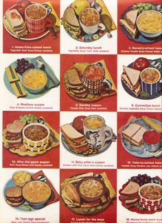 an advertisement for soups and sandwiches from the 1950's, with instructions on how to make them