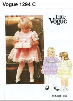 "Little Vogue 1294 Toddler Girl's Party, Wedding Dress Vintage 80s Sewing Pattern This pattern is: New Factory Fold Envelope is Torn on Edges My environment is Smoke and Pet Free Toddler Size 2 Breast 20\" Pattern Description: Pattern and instructions for sewing Toddler Dress: Dress, above mid-knee, has collar, fitted tucked bodice, slightly flared tucked skirt, back zipper and short tucked sleeves. Purchased trim and ribbon belt. View A: neck and hem ruffle and attached underskirt. View B: cont Pattern Grading, Party Wedding Dress, Vintage Kids Clothes, Wedding Dress Vintage, Vintage Girls Dresses, Vintage Toddler, Dress Making Patterns, Kids Couture, Sewing Pattern Sizes