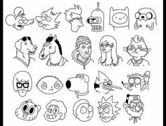 the simpsons characters are drawn in black and white, with different facial expressions on them