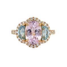 New Tutti Frutti Ring features an oval morganite center stone with half moon aquamarines and pave diamond surround set in 18k gold. 14mm H x 16mm W If you interested in different color stones please reach out to us and we'd be happy to work with you on a custom ring. As each ring is custom made please allow 2-4 weeks for shipping. Luxury Multi-stone Oval Crystal Ring, Colored Stone Rings, Pink Diamonds, Morganite Diamond, Luxe Jewelry, Family Jewels, Sparkly Things, Color Stones, Custom Ring