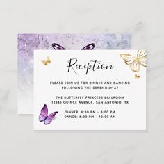 a purple and gold butterfly wedding reception card with the words reception written in black ink