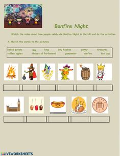 bonfire night worksheet with pictures and words