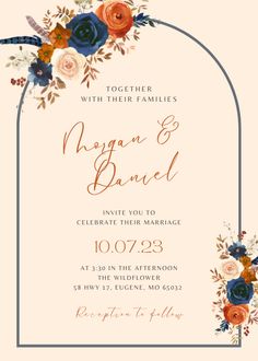 a wedding card with flowers and leaves on the front, in blue and orange colors