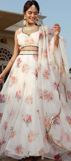 White and Off White color Lehenga in Organza Silk fabric with Digital Print, Embroidered, Floral, Thread work Organza Floral Lehenga, Organza Anarkali, Organza Frocks, Floral Organza Dress, Lehenga Choli For Women, Choli For Women, Printed Organza, Indian Lehenga Choli