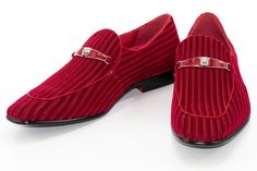 Men's Cherry Red Striped Velvet Loafer - Vamp, Toe, Outsole Attractive Dresses, Colorful Heels, Formal Suit, Dress Loafers, Formal Suits, Tuxedos, Professional Look, Suit Jackets, Contrasting Colors