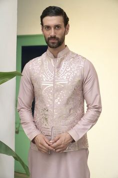 Oyster cotton silk bundi with all over floral, mandala applique work. Paired with an inner kurta and churidar. - Aza Fashions Fitted Cotton Nehru Jacket With Gota Work, Cotton Nehru Jacket With Gota Work For Wedding, Fitted Nehru Jacket With Gota Work For Navratri, Cotton Nehru Jacket With Gota Work For Diwali, Kurta Set Men, Applique Work, Nehru Jacket, Floral Mandala, Nehru Jackets