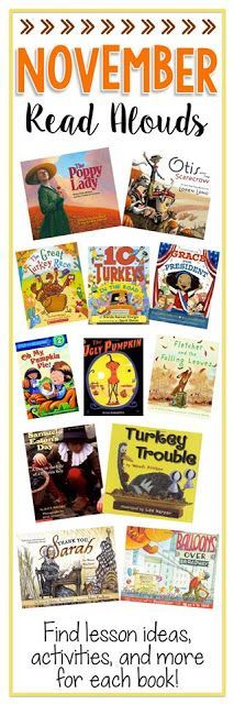 the book cover for november read alouds with pictures of children's books on them