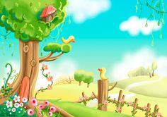 a cartoon scene with a tree, bird and house in the middle of the field