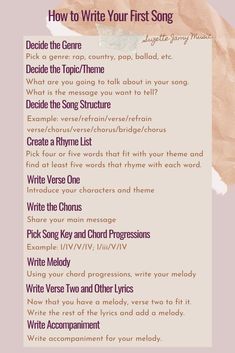 a poster with the words how to write your first song in different font and colors