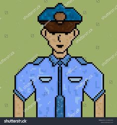 pixel art police man in blue shirt and tie with hat on his head, looking at the