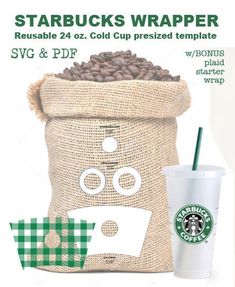 starbucks bag with coffee beans and paper straws next to it is the starbucks wrapper