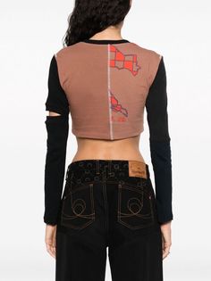 Marine Serre Regenerated Patchwork Cropped Top - Farfetch Brown Crew Neck Crop Top For Fall, Fitted Long Sleeve Crop Top With Graphic Print, Fitted Patchwork Cropped Tops, Fitted Cropped Patchwork Tops, Long Sleeve Brown Crop Top For Spring, Fitted Brown Patchwork Top, Athletic Background, Portugal Style, Arab Dress