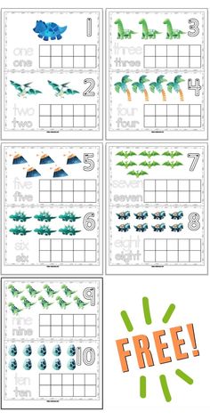 the printable worksheet for learning numbers and counting to 10 with dinosaurs