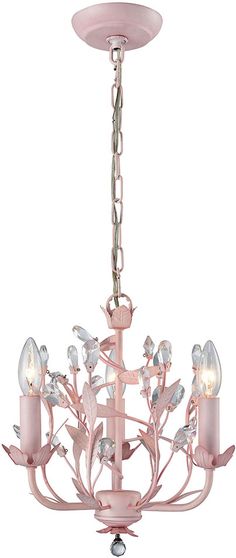 a pink chandelier with three lights hanging from it's center and leaves on the bottom