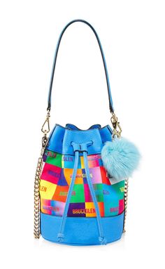 "Happy" Bucket Bag Happy Logo, Designer Totes, Faux Fur Pom Pom, Pink Suede, Pink Logo, Branded Handbags, Gold Cross, Fur Pom Pom, Blue Leather