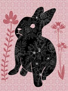 a rabbit with flowers on it's back in front of a pink wallpaper