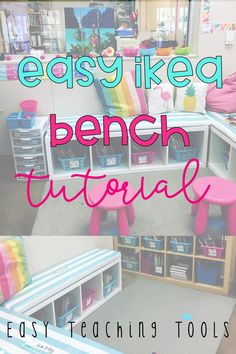 an easy iked bench with storage bins in the middle and text overlay that reads, easy iked bench tutor