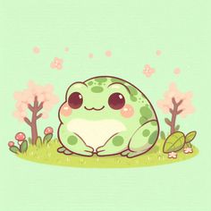 a green frog sitting in the grass with pink flowers around it and its eyes closed