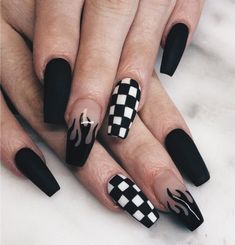 black and white nail designs with checkered design on the tip of each finger,