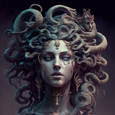 a woman with snakes on her head and an octopus around her neck, in front of a dark background