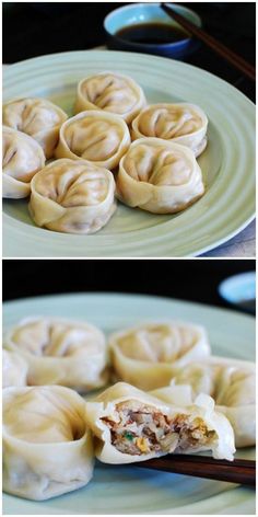 some food is sitting on a plate with chopsticks in front of it and the other side shows dumplings