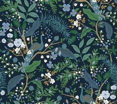 a blue and green floral wallpaper with birds on branches, flowers and leaves in the background