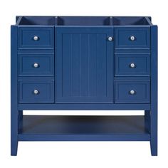 a blue bathroom vanity with two drawers and one door on the side, against a white background