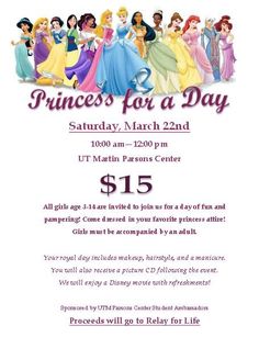 the princess for a day flyer is shown in purple and white, with an image of several