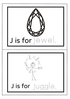 two pictures with the words j is for jewel and j is for juggle on them