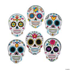 six sugar skulls with different colors and designs on the front, one for each day of the dead