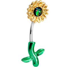 14 Gauge (1.6mm), 3/8" (10mm), 316L Surgical Grade Stainless Steel Curved Barbell, Double Mount, Faux Opal Green Faux Opal Yellow Sunflower Leaf Double Mount Belly Ring Beautiful and fragrant, sunflowers are the prettiest flower! Wear a pretty sunflower on you all of the time with this 14 gauge green gem sunflower flower belly ring. One end of this belly button piercing features a green faux opal gem sunflower with gold tone petals, while the other end features a leafy green stem. The sunflower Opal Body Jewelry, Piercings Ear Conch, Sunflower Leaf, Cute Belly Rings, Sunflower Leaves, Belly Button Piercing Jewelry, Belly Piercing Jewelry, Belly Piercing Ring, Belly Button Jewelry