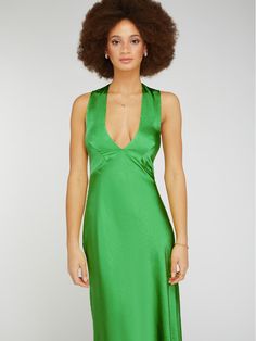 The Nova is your date night dress. Made using 100% recycled polyester, a deep neckline, open back and a soft satin-like shine all you need is a margarita in hand to complete the look. Pastel Green Dress, Tie Back Dress, Date Night Dress, Bias Cut Dress, Fern Green, Deep Neckline, Date Night Dresses, Gorgeous Fabrics, Back Dress