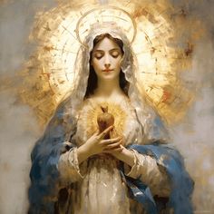 the immaculate mary holding an apple in her hands