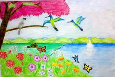 a drawing of birds flying over a lake and trees with flowers in the foreground