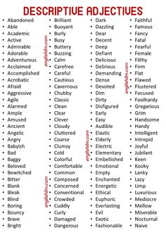 a list of descriptive words in red and black with the words descripte adjeties