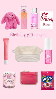 the birthday gift basket is filled with pink items