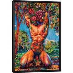 a painting of a naked man with flowers on his head sitting in front of trees