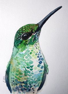 a watercolor painting of a green and blue hummingbird