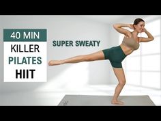 a woman in green shorts doing a yoga pose with the words killer pilates hit