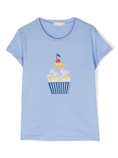 iris blue cotton blend stretch-jersey logo and graphic print to the front rhinestone embellishment crew neck short sleeves straight hem Kid Cupcakes, Jersey Logo, Liu Jo, Girls Tshirts, Cotton T Shirt, Printed Cotton, Graphic Prints, Cotton Tshirt, Calvin Klein