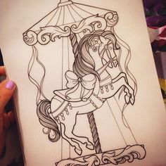 a drawing of a carousel horse with a girl on it's back and an umbrella in the background