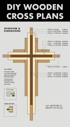 a wooden cross is shown with measurements for the top and bottom pieces, including two sides