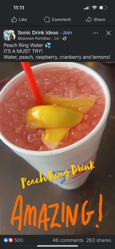 an image of a drink in a cup with the caption peach ring drink amazing