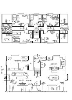 two floor plans for the first and second floors