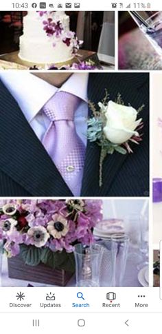 a collage of photos with purple and white flowers